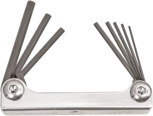 Bondhus - 8 Piece Fold-Up Ball End Hex Key Set - Hex Range 0.05 to 5/32", 3-1/2" OAL, Protanium High Torque Steel - Exact Tooling