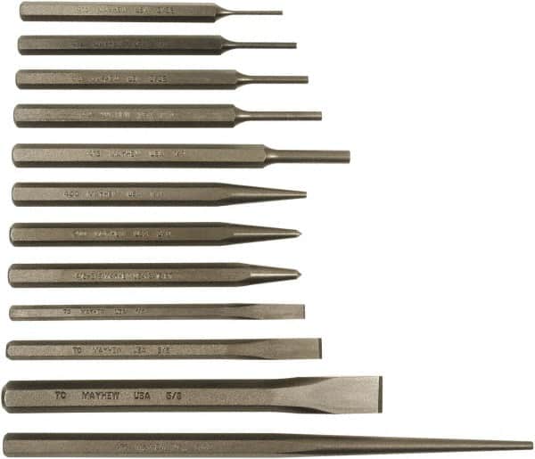 Mayhew - 12 Piece Punch & Chisel Set - 1/4 to 5/8" Chisel, 1/8 to 3/8" Punch, Hex Shank - Exact Tooling
