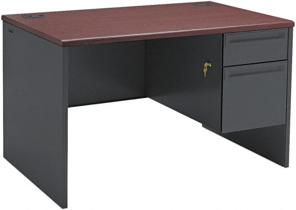 Hon - Steel-Reinforced High-Pressure Laminate/Metal Right Pedestal Desk - 48" Wide x 30" Deep x 29" High, Mahogany/Charcoal - Exact Tooling