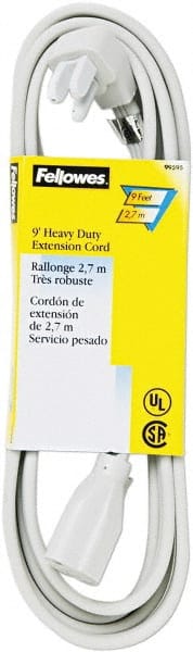 FELLOWES - 9', 14/3 Gauge/Conductors, Gray Indoor Extension Cord - 1 Receptacle, 15 Amps, NEMA 5-15R - Exact Tooling