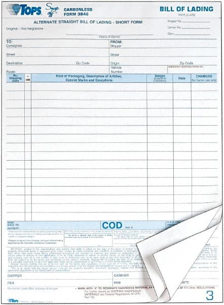 TOPS - 50 Sheet, 8-1/2 x 11", Bill of Lading - White - Exact Tooling