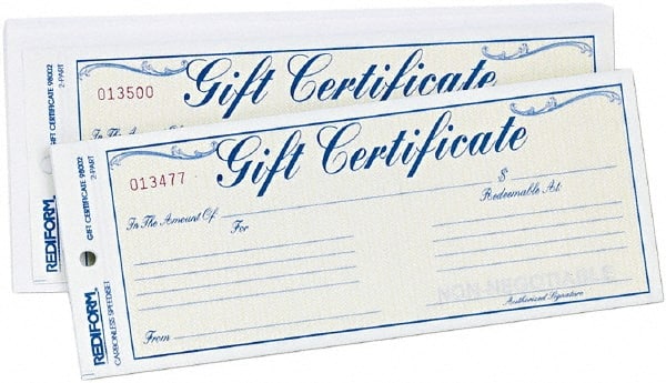 REDIFORM - 25 Sheet, 8-1/2 x 3-2/3", Gift Certificates - White - Exact Tooling