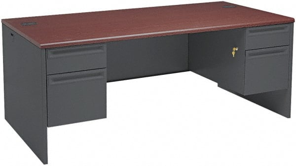Hon - Steel-Reinforced High-Pressure Laminate/Metal Double Pedestal Desk - 72" Wide x 36" Deep x 29" High, Mahogany/Charcoal - Exact Tooling