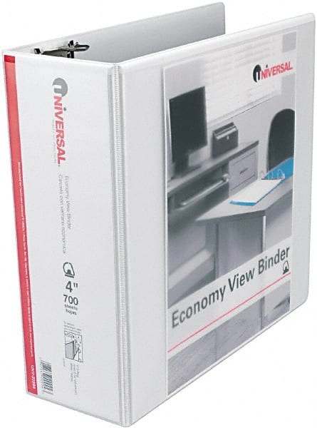 UNIVERSAL - 4" Sheet Capacity, 11 x 8-1/2", View Ring Binder - Vinyl, White - Exact Tooling