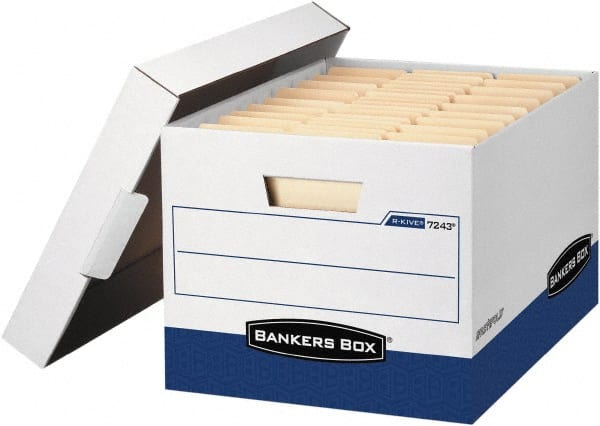BANKERS BOX - 1 Compartment, 12 Inch Wide x 15 Inch Deep x 10 Inch High, File Storage Box - Corrugated, White and Blue - Exact Tooling