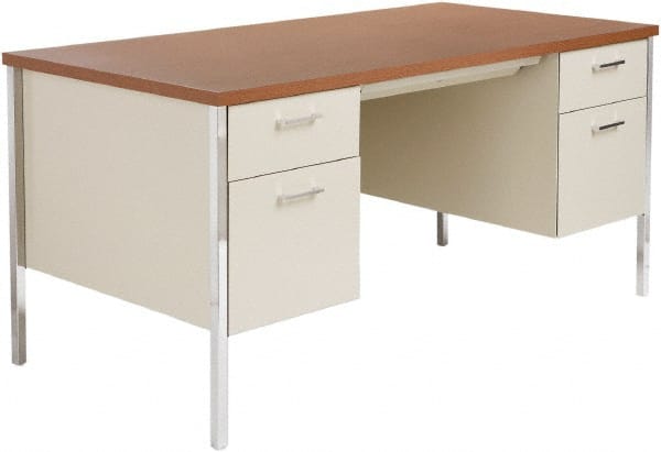 ALERA - Woodgrain Laminate/Steel Double Pedestal Desk with Center Drawer - 60" Wide x 30" Deep x 29" High, Cherry/Putty - Exact Tooling
