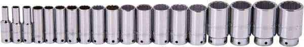 Proto - 19 Piece 1/2" Drive Deep Well Socket Set - 12 Points, 3/8" to 1-1/2" Range, Inch Measurement Standard - Exact Tooling