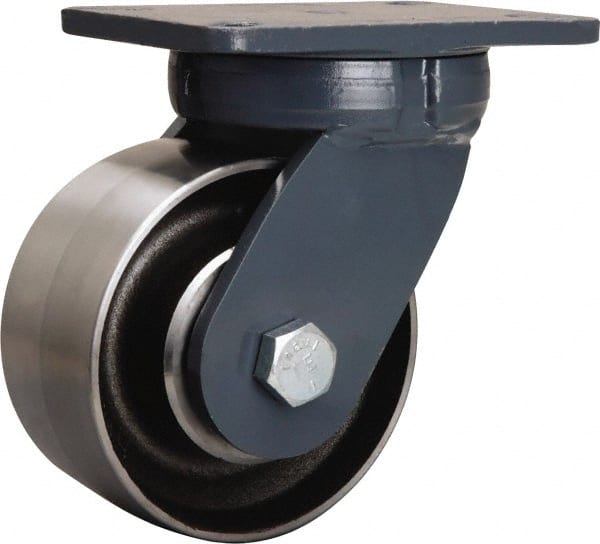 Hamilton - 6" Diam x 3" Wide x 8" OAH Top Plate Mount Swivel Caster - Forged Steel, 6,000 Lb Capacity, Sealed Precision Ball Bearing, 5-1/4 x 7-1/4" Plate - Exact Tooling