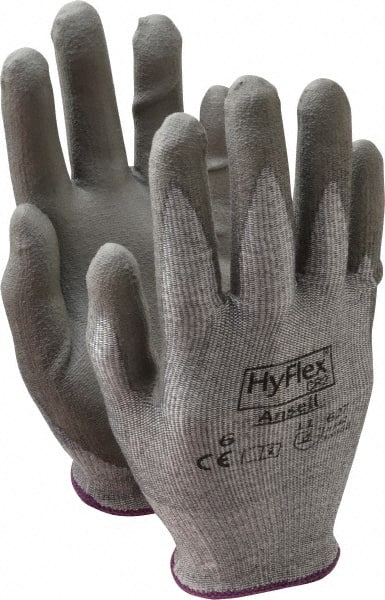 Ansell - Size XS (6), ANSI Cut Lvl 2, Abrasion Lvl 6, Polyurethane Coated Cut Resistant Gloves - 8.5" Long, Palm & Fingers Coated, Dyneema/Lycra Lining, Knit Wrist, Gray/Gray, Paired - Exact Tooling