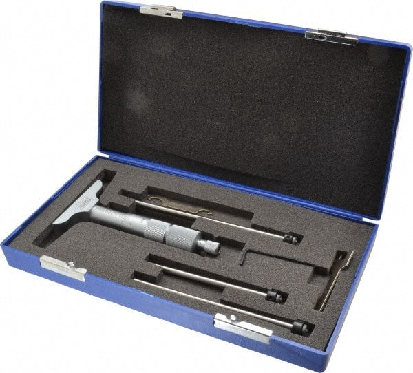 Fowler - 0 to 3" Range, 3 Rod, Satin Chrome Finish Mechanical Depth Micrometer - Ratchet Stop Thimble, 2-1/2" Base Length, 0.01mm Graduation, 0.176" Rod Diam - Exact Tooling