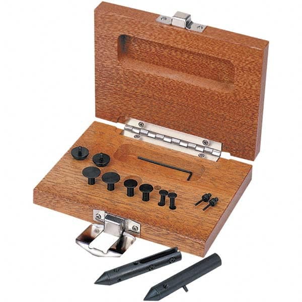 TESA Brown & Sharpe - 0.06, 0.11 & 0.156" Groove Depth, Black Oxide Cold Rolled Steel & Wood (Case) Caliper Centerline Attachment - 19 Pieces, 0.65" Bore Depth, For Use with Brown & Sharpe & Competitive 6" Dial, Digital & Vernier Calipers - Exact Tooling