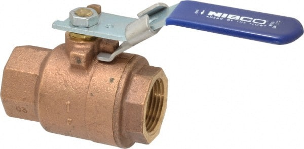 NIBCO - 1" Pipe, Full Port, Bronze Standard Ball Valve - 2 Piece, Inline - One Way Flow, FNPT x FNPT Ends, Locking Lever Handle, 600 WOG, 150 WSP - Exact Tooling