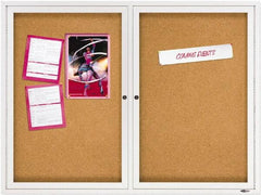 Quartet - 48" Wide x 36" High Enclosed Cork Bulletin Board - Natural Cork over Fiberboard, Aluminum Frame - Exact Tooling