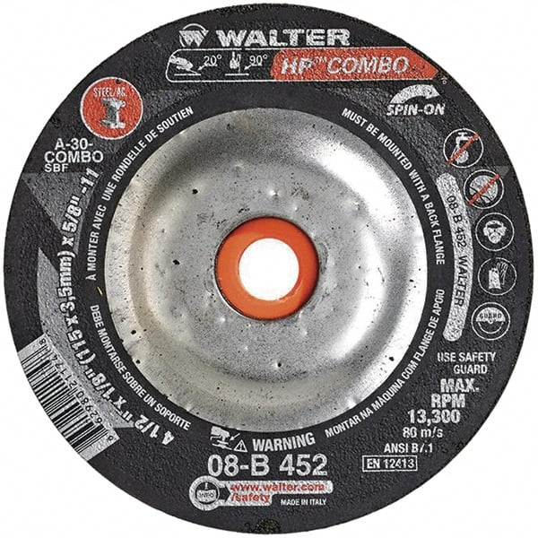 WALTER Surface Technologies - 30 Grit, 4-1/2" Wheel Diam, 1/8" Wheel Thickness, Type 27 Depressed Center Wheel - Aluminum Oxide, 13,300 Max RPM - Exact Tooling