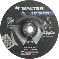 WALTER Surface Technologies - 30 Grit, 7" Wheel Diam, 1/4" Wheel Thickness, 7/8" Arbor Hole, Type 27 Depressed Center Wheel - Aluminum Oxide, Resinoid Bond, 8,600 Max RPM - Exact Tooling