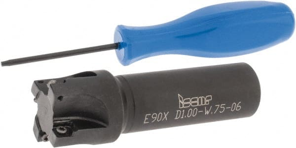 Iscar - 1" Cut Diam, 0.22" Max Depth of Cut, 3/4" Shank Diam, 3" OAL, Indexable Square Shoulder End Mill - Weldon Shank, 90° Lead Angle, Series Heliquad - Exact Tooling