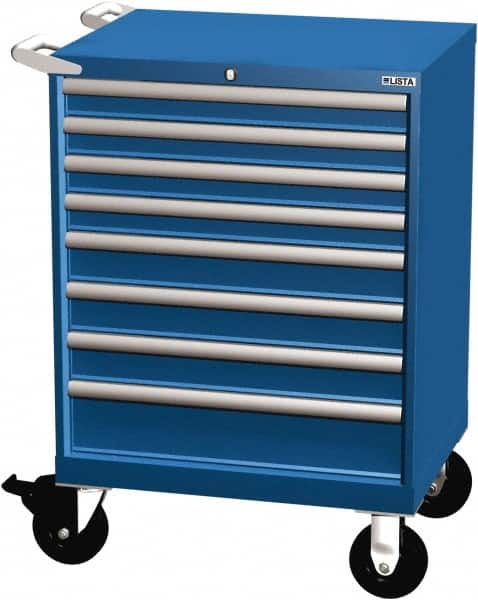 LISTA - 8 Drawer 165 Lb Capacity Steel Tool Roller Cabinet - 28-1/4" Wide x 41-1/2" High x 22-1/2" Deep, Roller Bearing Drawer Slides, Blue - Exact Tooling