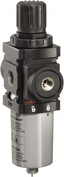 ARO/Ingersoll-Rand - 1/4" NPT Port Miniature 1 Piece Filter/Regulator FRL Unit - Metal Bowl, 47 SCFM, 250 Max psi, 6.89" High x 1.575" Long, Automatic Drain - Exact Tooling