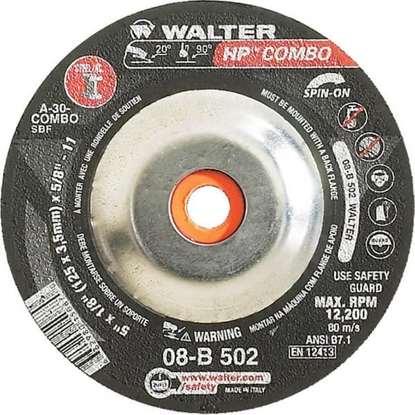 WALTER Surface Technologies - 30 Grit, 5" Wheel Diam, 1/8" Wheel Thickness, Type 27 Depressed Center Wheel - Aluminum Oxide, Resinoid Bond, 12,200 Max RPM - Exact Tooling