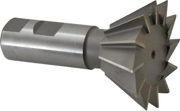 Made in USA - 2-1/2" Diam x 1-1/8" Width of Cut, 60° Included Angle, Cobalt Dovetail Cutter - 1" Shank Diam, 2-5/8" Shank Length, 3-3/4" Overall Length, Weldon Flat, Uncoated - Exact Tooling