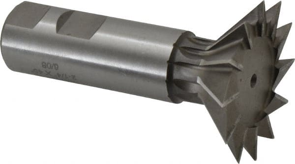 Made in USA - 2-1/4" Diam x 11/16" Width of Cut, 45° Included Angle, Cobalt Dovetail Cutter - 1" Shank Diam, 3-1/16" Shank Length, 3-3/4" Overall Length, Weldon Flat, Uncoated - Exact Tooling