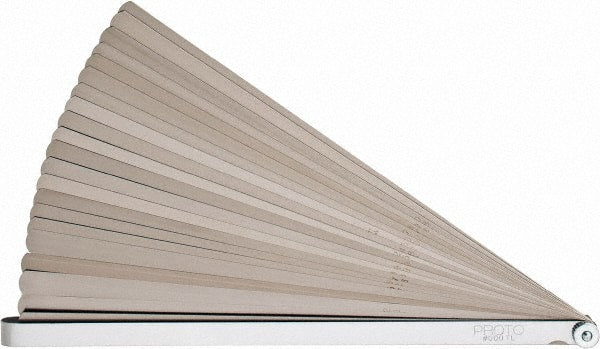 Proto - 25 Piece, 0.0015 to 0.04" Thick, Parallel Feeler Gage Set - 12" Leaf Length, 1/2" Wide, Steel - Exact Tooling