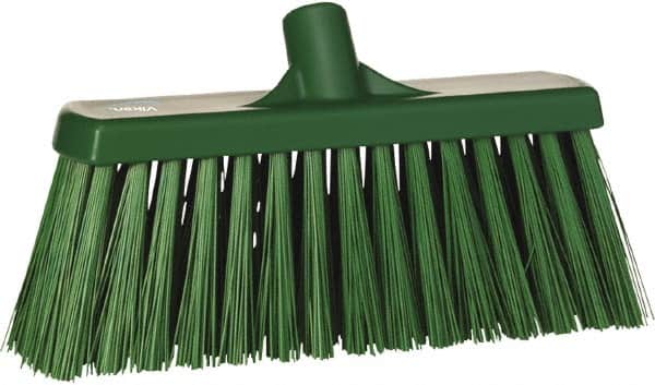 Vikan - 12" Heavy Duty Synthetic Push Broom - 2" Bristle Length, Plastic Block, European Threaded Handle Connection - Exact Tooling