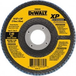 DeWALT - 40 Grit, 4-1/2" Disc Diam, 7/8" Center Hole, Type 27 Zirconia Alumina Flap Disc - 13,300 Max RPM, Cloth Backing, Arbor Attaching System, Coated - Exact Tooling