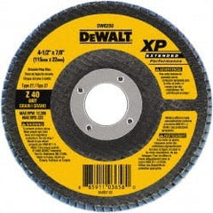 DeWALT - 40 Grit, 4-1/2" Disc Diam, 7/8" Center Hole, Type 27 Zirconia Alumina Flap Disc - 13,300 Max RPM, Cloth Backing, Arbor Attaching System, Coated - Exact Tooling