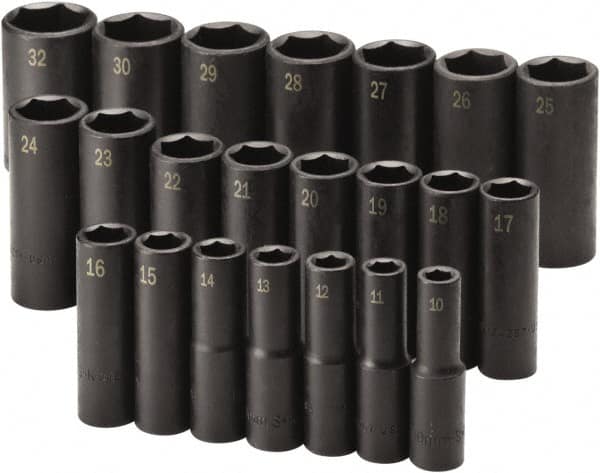 SK - 22 Piece 1/2" Drive Black Finish Deep Well Impact Socket Set - 6 Points, 10mm to 32mm Range, Metric Measurement Standard - Exact Tooling