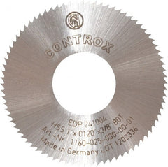 Controx - 1" Diam x 0.012" Blade Thickness x 3/8" Arbor Hole Diam, 80 Tooth Slitting and Slotting Saw - Arbor Connection, Right Hand, Uncoated, High Speed Steel, Concave Ground - Exact Tooling