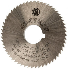 Controx - 1-3/4" Diam x 1/8" Blade Thickness x 1/2" Arbor Hole Diam, 56 Tooth Slitting and Slotting Saw - Arbor Connection, Right Hand, Uncoated, Cobalt, Concave Ground, Contains Keyway - Exact Tooling