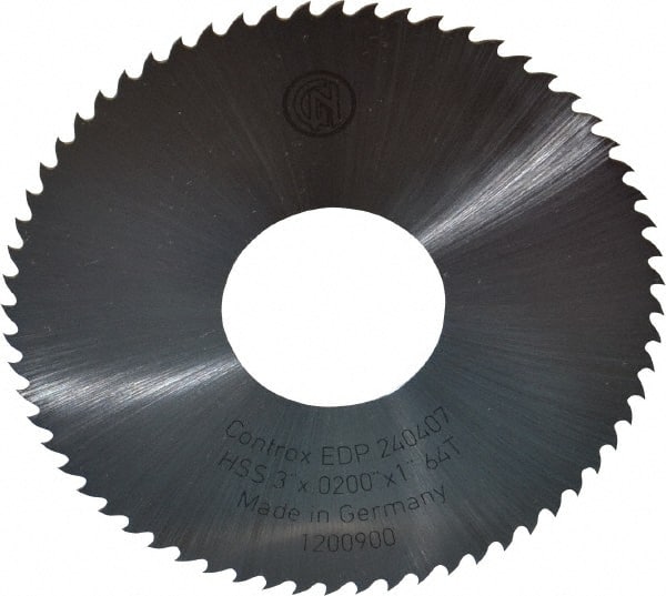 Controx - 3" Diam x 0.02" Blade Thickness x 1" Arbor Hole Diam, 64 Tooth Slitting and Slotting Saw - Arbor Connection, Right Hand, Uncoated, High Speed Steel, 15° Rake, Concave Ground - Exact Tooling