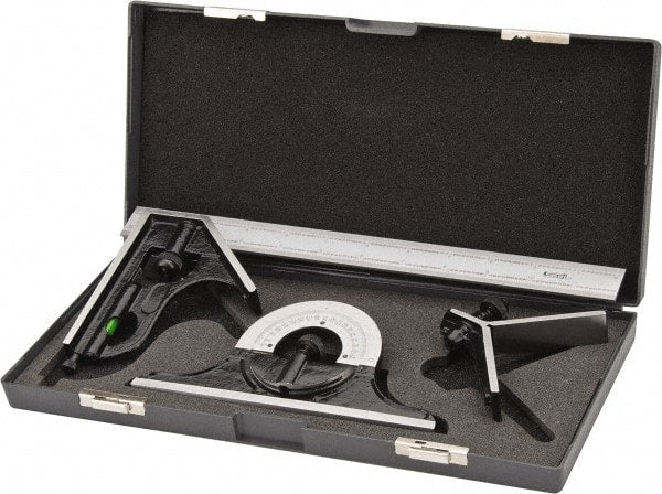 SPI - 4 Piece, 12" Combination Square Set - 1/100, 1/32, 1/50 & 1/64" (16R) Graduation, Hardened Steel Blade, Hardened Steel Center, Protractor & Square Head - Exact Tooling