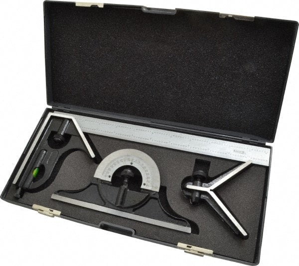 SPI - 4 Piece, 12" Combination Square Set - 1/32 & 1/64" (English/Metric) Graduation, Hardened Steel Blade, Hardened Steel Center, Protractor & Square Head - Exact Tooling