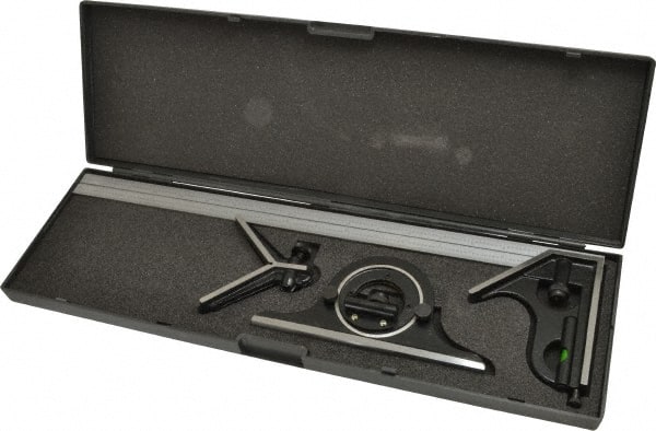 SPI - 4 Piece, 18" Combination Square Set - 1/100, 1/32, 1/50 & 1/64" (16R) Graduation, Hardened Steel Blade, Hardened Steel Center, Protractor & Square Head - Exact Tooling