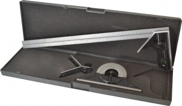 SPI - 4 Piece, 18" Combination Square Set - 1/32 & 1/64" (English/Metric) Graduation, Hardened Steel Blade, Hardened Steel Center, Protractor & Square Head - Exact Tooling