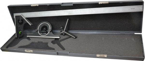 SPI - 4 Piece, 24" Combination Square Set - 1/100, 1/32, 1/50 & 1/64" (16R) Graduation, Hardened Steel Blade, Hardened Steel Center, Protractor & Square Head - Exact Tooling