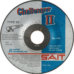 Sait - 36 Grit, 5" Wheel Diam, 1/8" Wheel Thickness, 7/8" Arbor Hole, Type 29 Depressed Center Wheel - Aluminum Oxide, Resinoid Bond, 12,200 Max RPM, Compatible with Angle Grinder - Exact Tooling