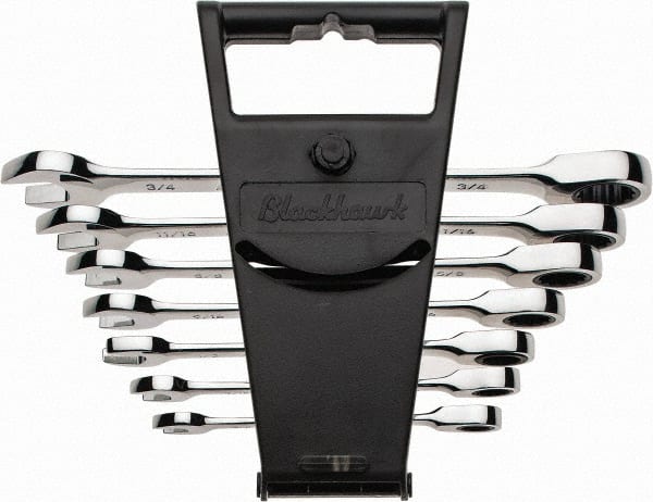 Blackhawk by Proto - 7 Piece, 3/8" to 3/4", Nonreversible Ratcheting Combination Wrench Set - Inch Measurement Standard, Full Polish Finish, Comes in Canvas Roll - Exact Tooling