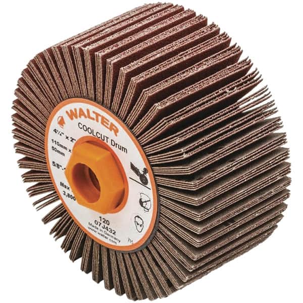 WALTER Surface Technologies - 4-1/4" Diam 120 Grit Aluminum Oxide Unmounted Flap Wheel - 5/8-11 Threaded Hole, 2" Wide, Coated, Grade Fine, 3,800 Max RPM - Exact Tooling