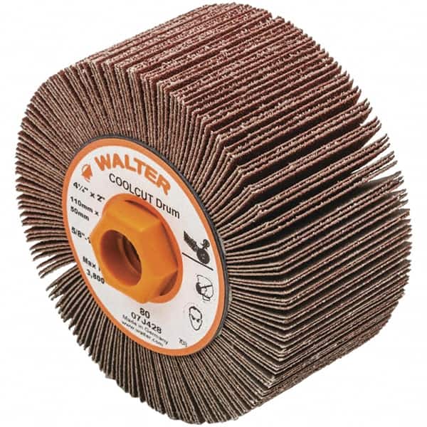 WALTER Surface Technologies - 4-1/4" Diam 80 Grit Aluminum Oxide Unmounted Flap Wheel - 5/8-11 Threaded Hole, 2" Wide, Coated, Grade Medium, 3,800 Max RPM - Exact Tooling