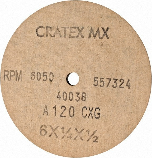 Cratex - 6" Diam x 1/2" Hole x 1/4" Thick, 120 Grit Surface Grinding Wheel - Aluminum Oxide, Type 1, Fine Grade, 6,050 Max RPM, No Recess - Exact Tooling