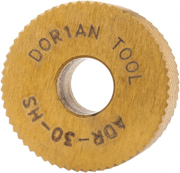 Dorian Tool - 3/4" Diam, 90° Tooth Angle, 30 TPI, Standard (Shape), Form Type High Speed Steel Right-Hand Diagonal Knurl Wheel - 3/8" Face Width, 1/4" Hole, Circular Pitch, 30° Helix, Bright Finish, Series A - Exact Tooling