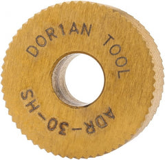 Dorian Tool - 3/4" Diam, 90° Tooth Angle, 30 TPI, Standard (Shape), Form Type High Speed Steel Right-Hand Diagonal Knurl Wheel - 3/8" Face Width, 1/4" Hole, Circular Pitch, 30° Helix, Bright Finish, Series A - Exact Tooling