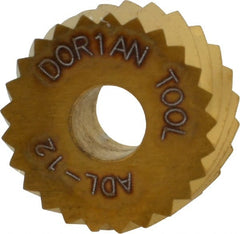 Dorian Tool - 3/4" Diam, 90° Tooth Angle, 12 TPI, Standard (Shape), Form Type High Speed Steel Left-Hand Diagonal Knurl Wheel - 3/8" Face Width, 1/4" Hole, Circular Pitch, 30° Helix, Bright Finish, Series A - Exact Tooling
