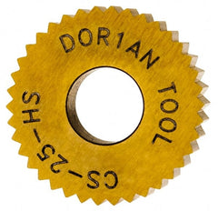 Dorian Tool - 1/2" Diam, 90° Tooth Angle, 25 TPI, Standard (Shape), Form Type High Speed Steel Straight Knurl Wheel - 3/16" Face Width, 3/16" Hole, Circular Pitch, Bright Finish, Series C - Exact Tooling