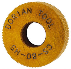 Dorian Tool - 1/2" Diam, 70° Tooth Angle, 80 TPI, Standard (Shape), Form Type High Speed Steel Straight Knurl Wheel - 3/16" Face Width, 3/16" Hole, Circular Pitch, Bright Finish, Series C - Exact Tooling