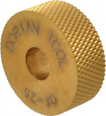 Dorian Tool - 1" Diam, 90° Tooth Angle, 25 TPI, Standard (Shape), Form Type High Speed Steel Female Diamond Knurl Wheel - 3/8" Face Width, 5/16" Hole, Circular Pitch, 30° Helix, Bright Finish, Series O - Exact Tooling