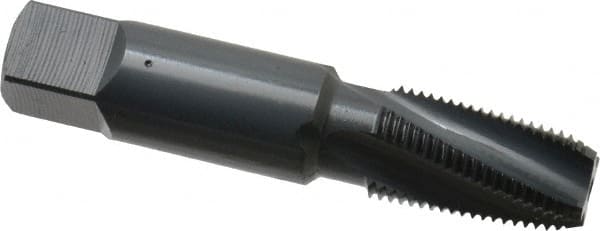 OSG - 1/8-27 NPT, 15° Helix, 4 Flutes, Modified Bottoming Chamfer, Oxide Finish, Vanadium High Speed Steel, Spiral Flute Pipe Tap - Right Hand Flute, 7/16" Shank Diam, 3/4" Thread Length, 0.3120" Projection, 0.328" Square Size, - Exact Tooling